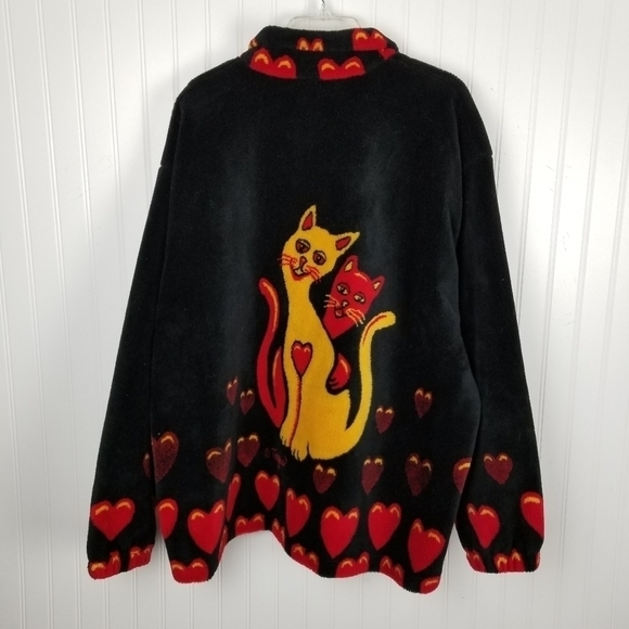 Vintage Polar Magic Fleece Jacket Black Novelty Y2K Canada Cats Hearts Size XL - Picture 9 of 11